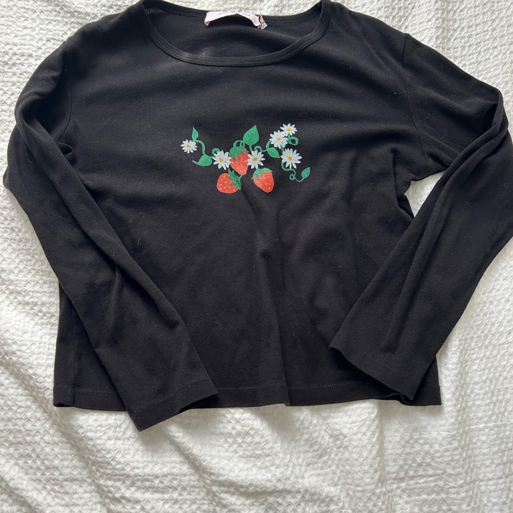 Lisa Says Gah Black Strawberry Graphic Baby Tee with Long Sleeves